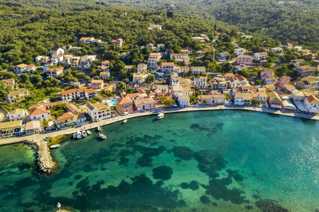 Gaios, capital city of Paxos Island, aerial view. Greece